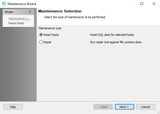Maintenance Wizard Maintenance Selection page