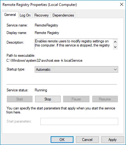 Remote Registry Properties dialog box