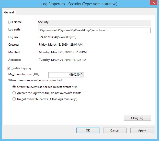 Log Properties dialog box