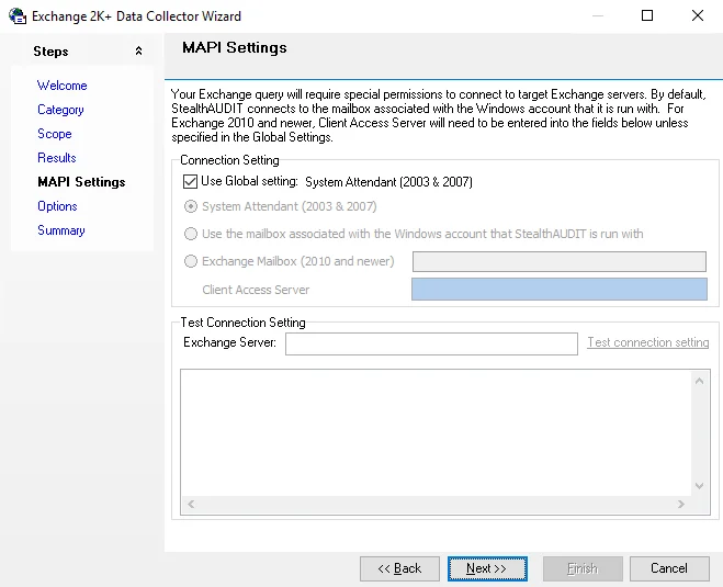 Exchange 2K+ Data Collector Wizard MAPI Settings page