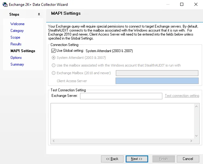 Exchange 2K+ Data Collector Wizard MAPI Settings page