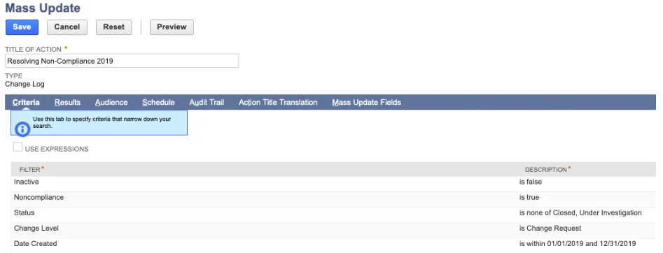 Set the Title of Action and the Filters