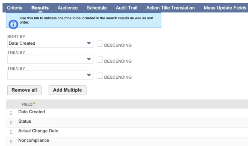 Select the Soft By and add Fields to Reults tab