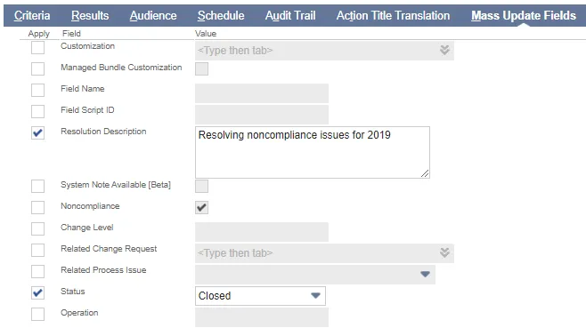 Add the information on the Mass Update Fields tab