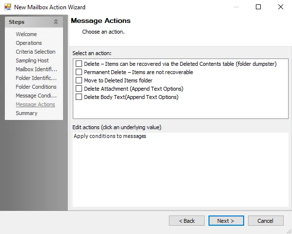 New Mailbox Action Wizard Message Actions page