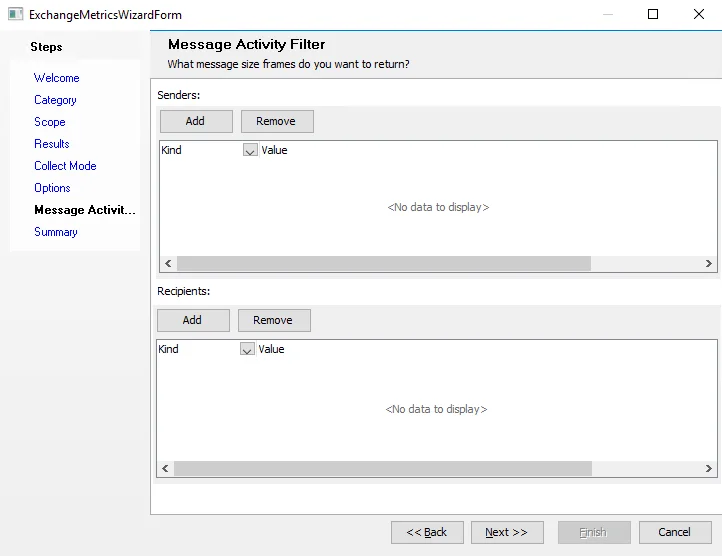 Exchange Metrics Data Collector Wizard Message Activity Filter page