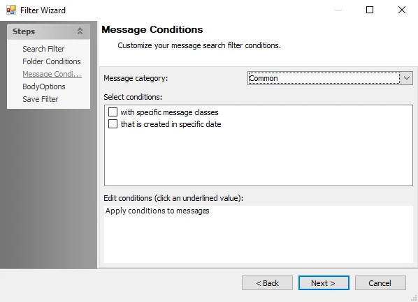 Filter Wizard Message Conditions page