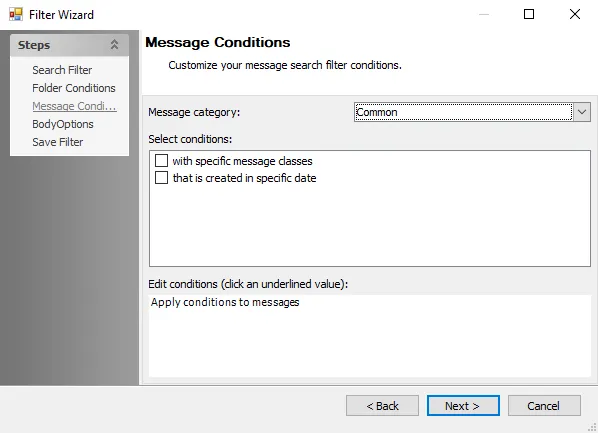 New Mailbox Action Wizard Mailbox Message Conditions page