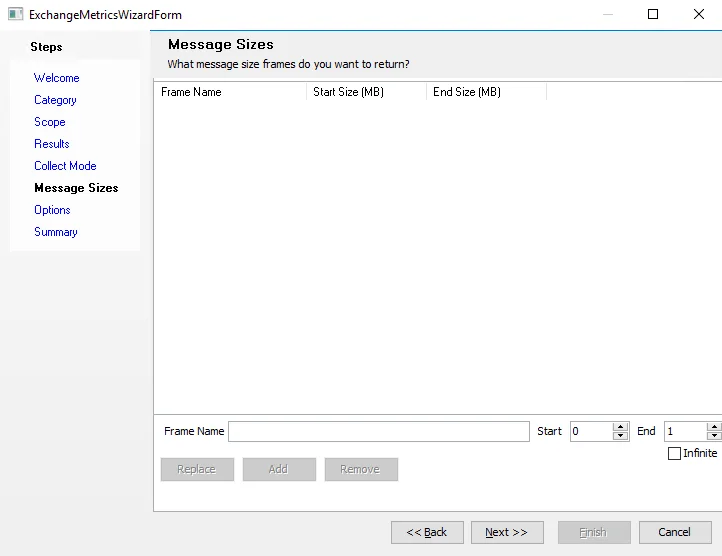 Exchange Metrics Data Collector Wizard Message Sizes page
