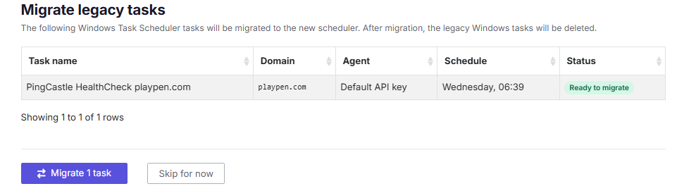 A screenshot of the legacy task migration verification table, matching a Windows Task Scheduler task's domain and agent against PingCastle Enterprise 4.0 configuration.