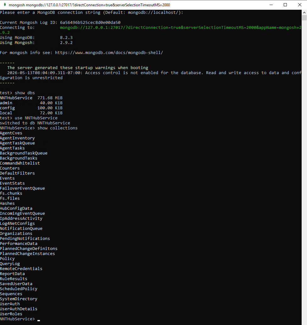Mongo shell output listing database collections