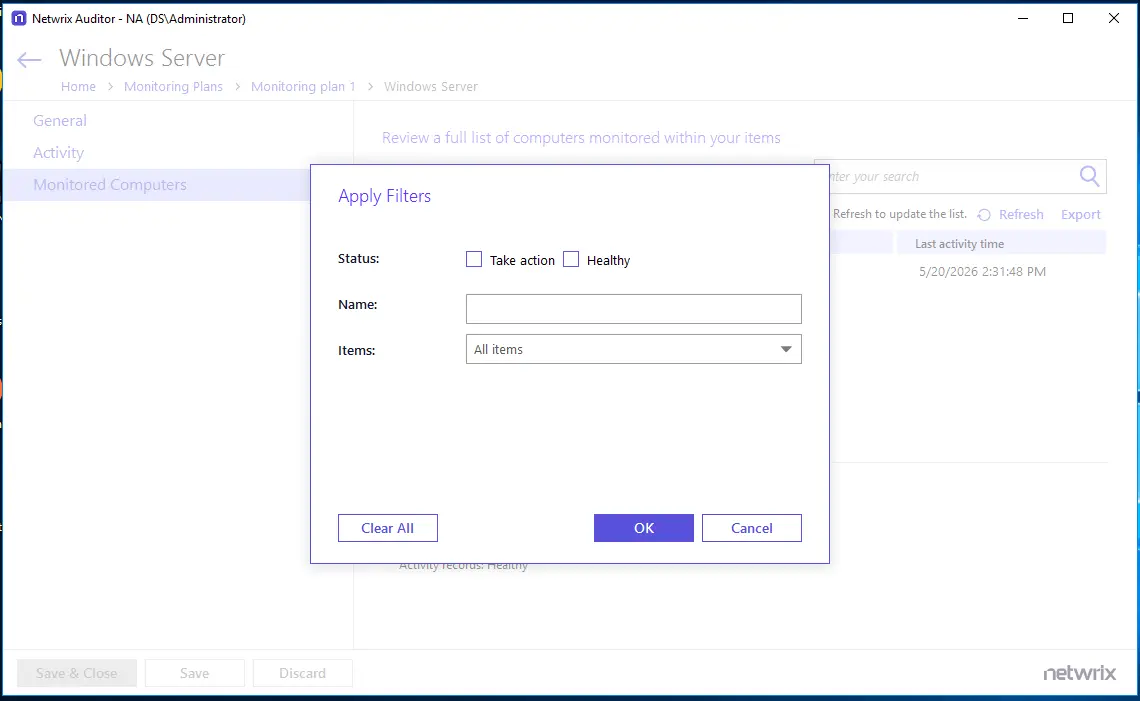 Apply Filters dialog showing Computer status, Computer name, and Item name options