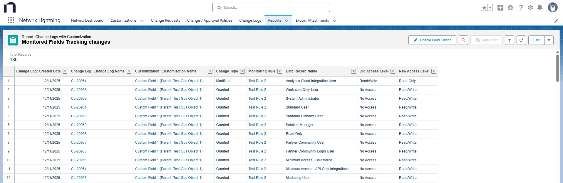 Monitored Fields Tracking Changes Report