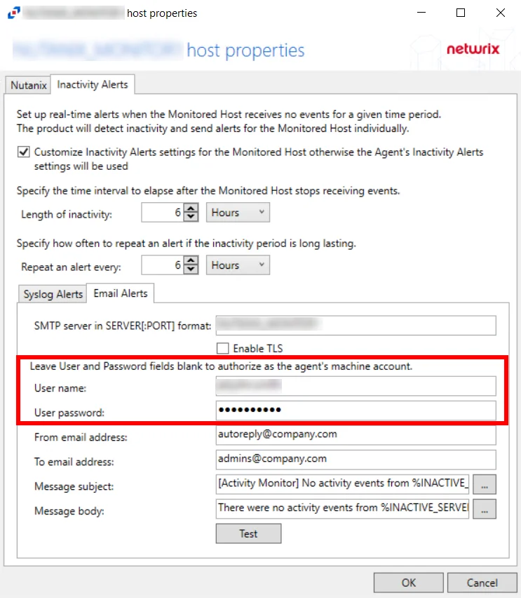 Monitored Host Inactivity Alerts Email Credentials Page