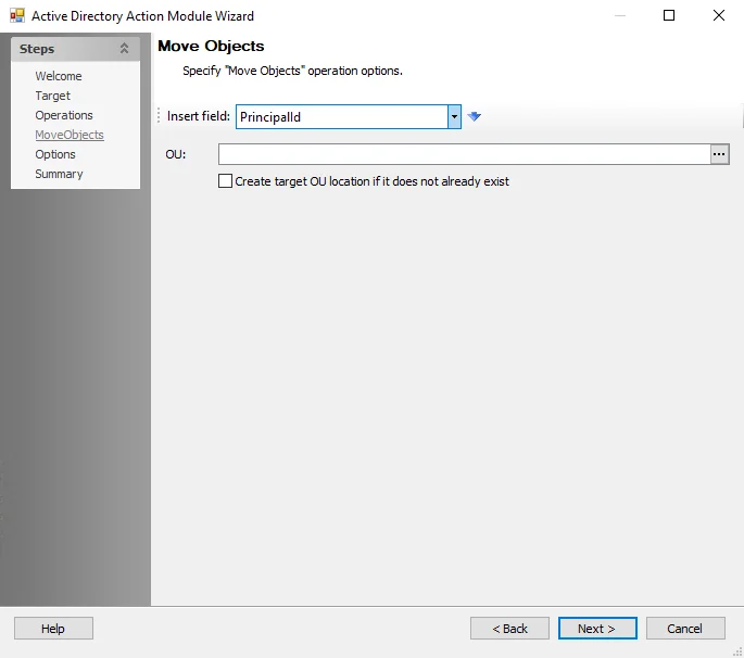 Active Directory Action Module Wizard Move Objects page