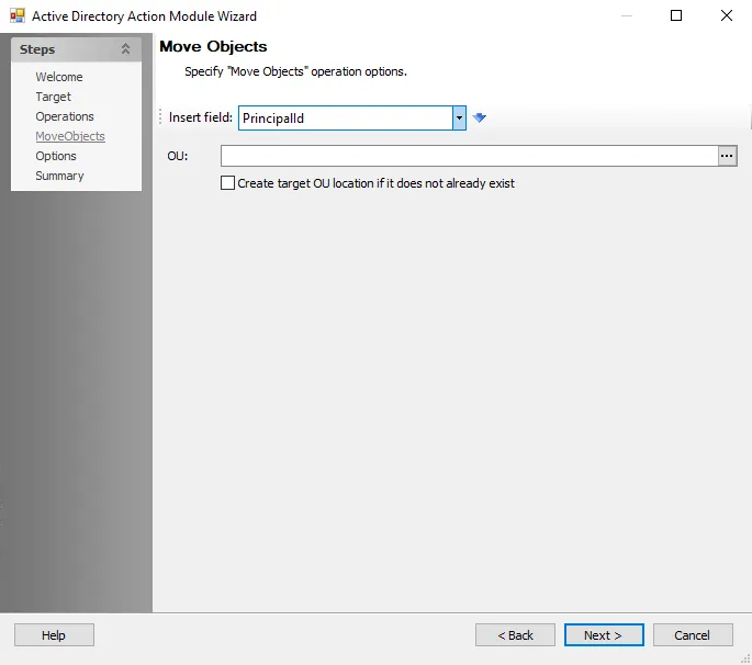 Active Directory Action Module Wizard Move Objects page