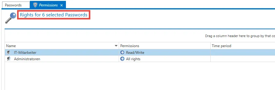 rights for selected passwords