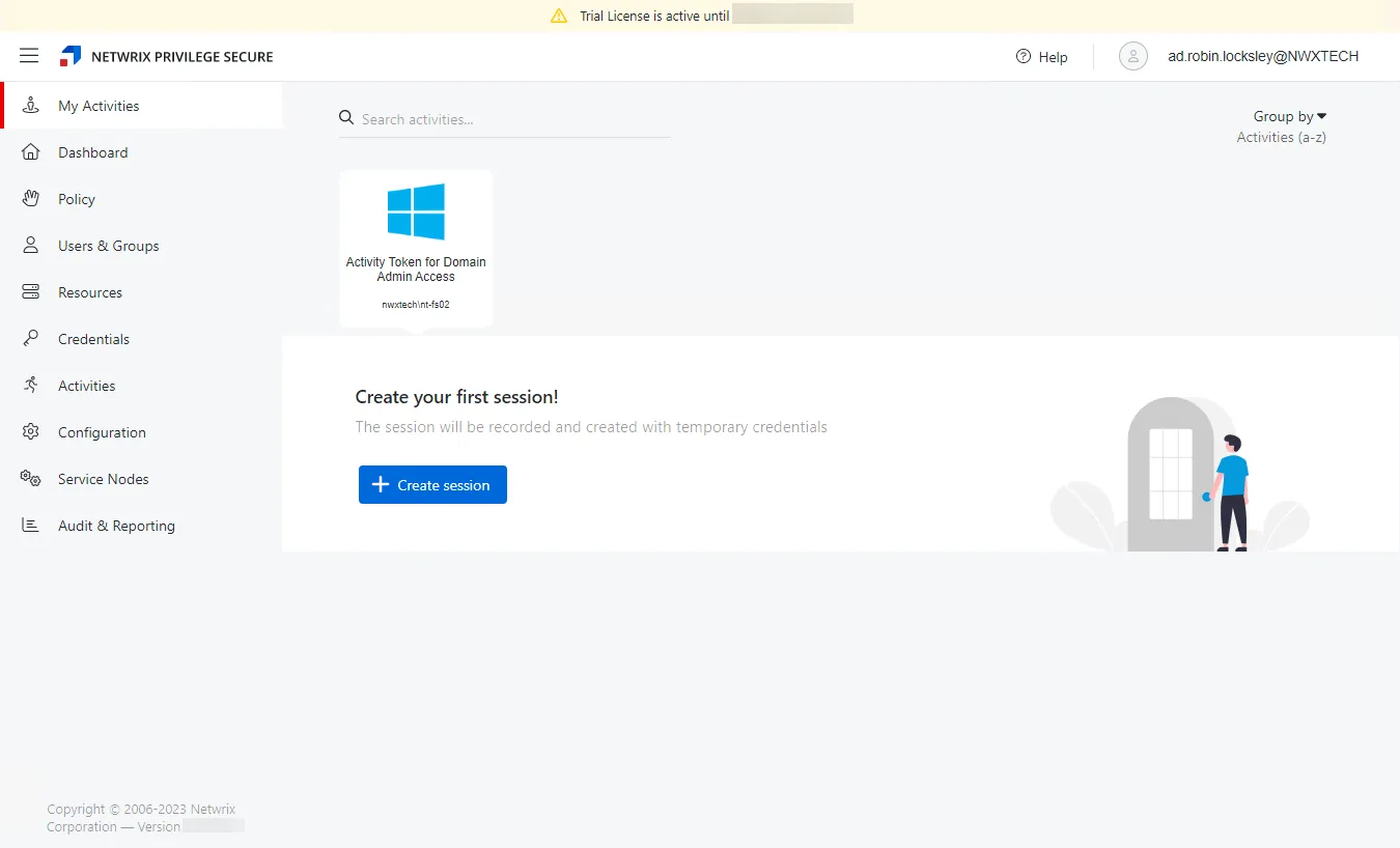 My Activities interfacing displaying the Activity Token for Domain Admin Access activity created by the Setup Wizard