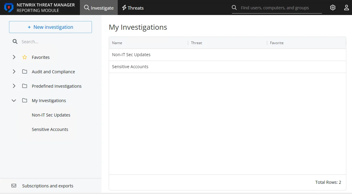 Investigations interface on the My Investigations page