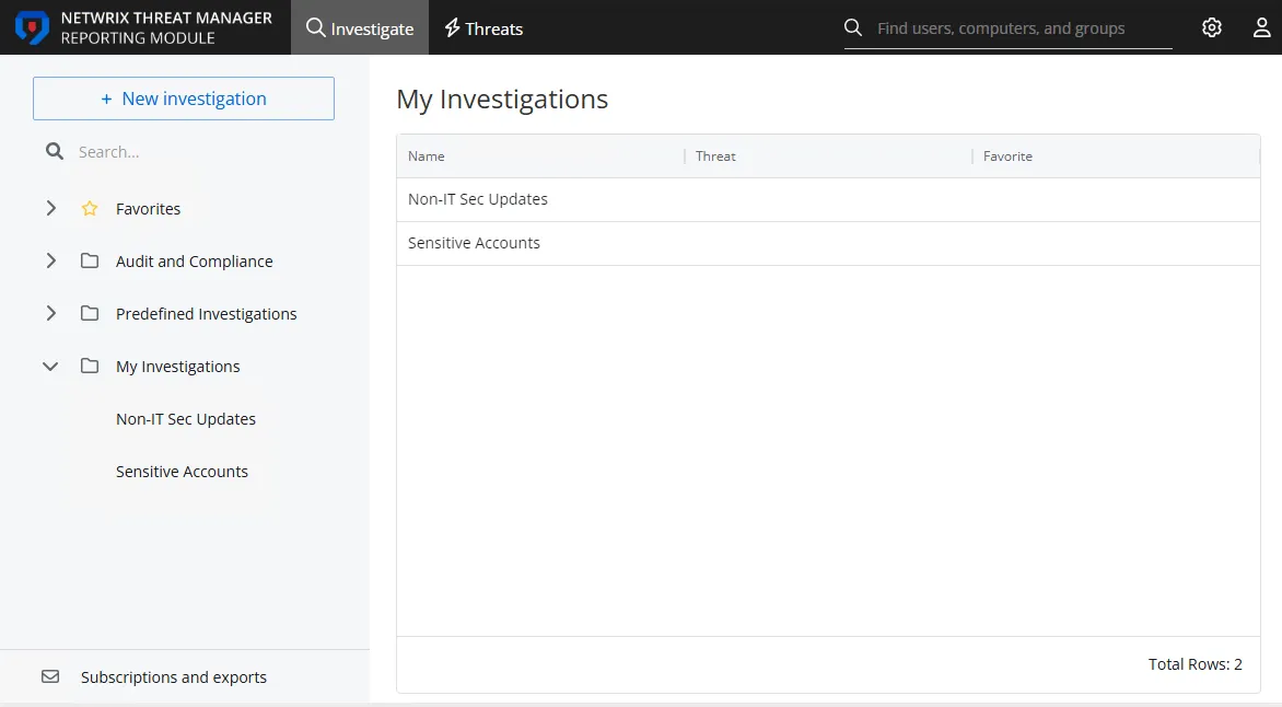 Investigations interface on the My Investigations page