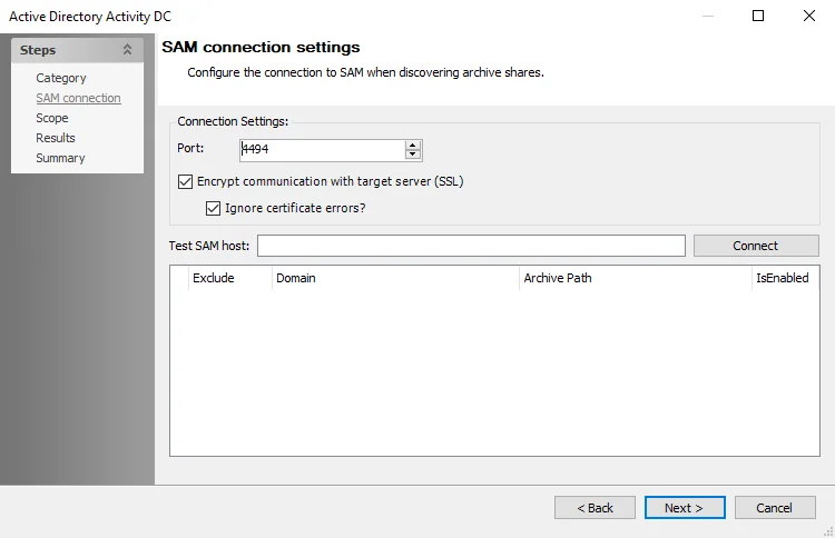 Active Directory Activity DC wizard SAM connection settings page