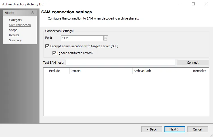 Active Directory Activity DC wizard SAM connection settings page