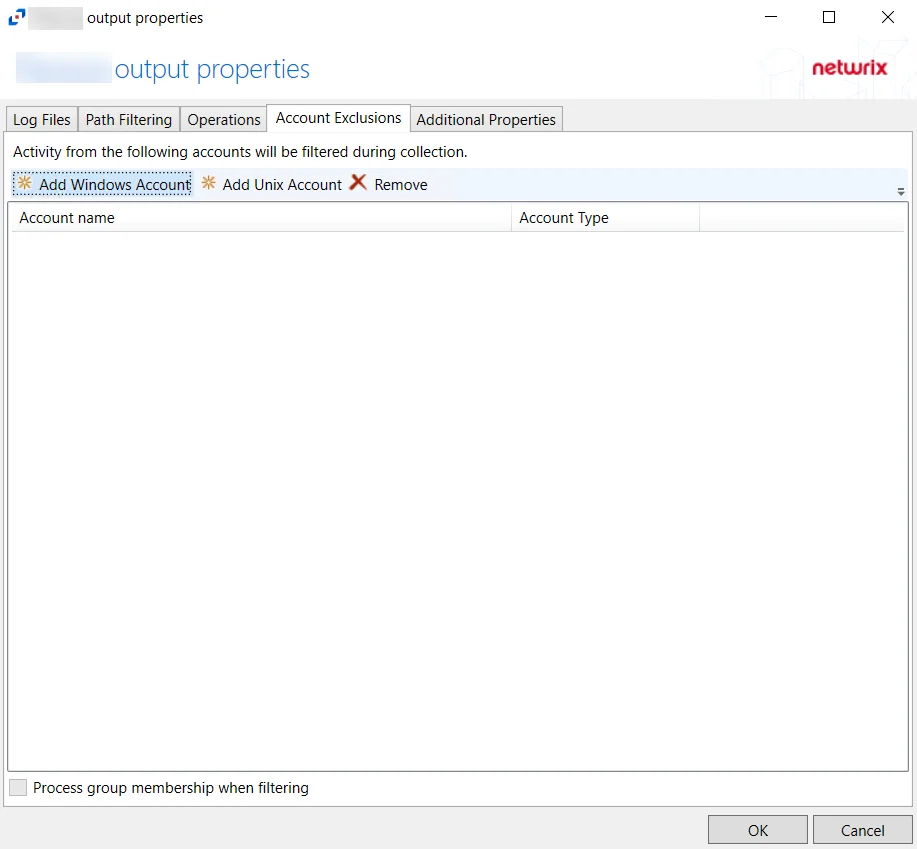 Account Exclusions tab for NAS Hosts