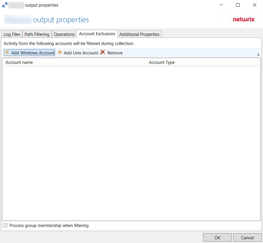 Account Exclusions tab for NAS Hosts