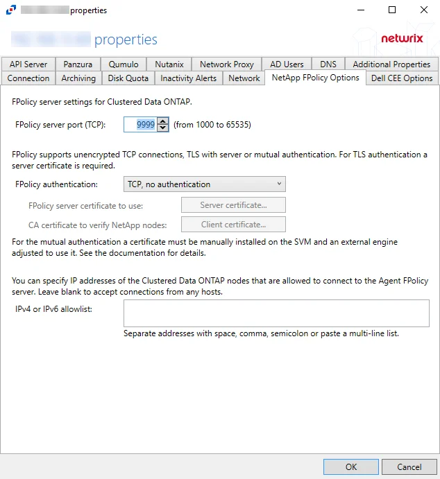 Agent Properties - NetApp FPolicy Options page