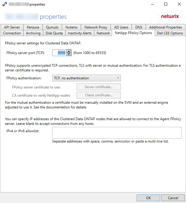 Agent Properties - NetApp FPolicy Options page