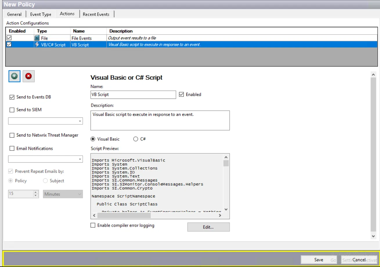 Actions tab - .Net Script Action Created