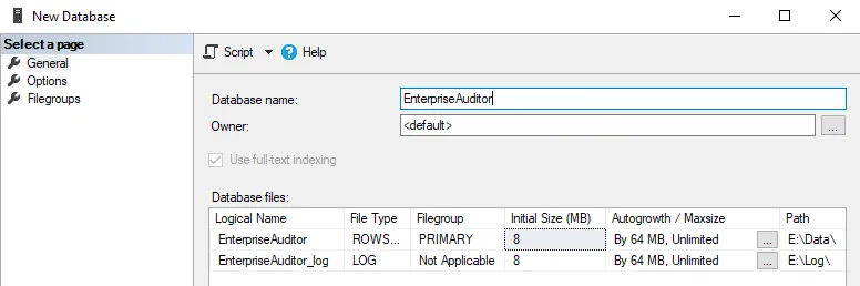 SQL Server Management Studio New Database window