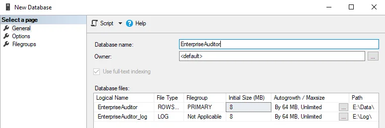 SQL Server Management Studio New Database window