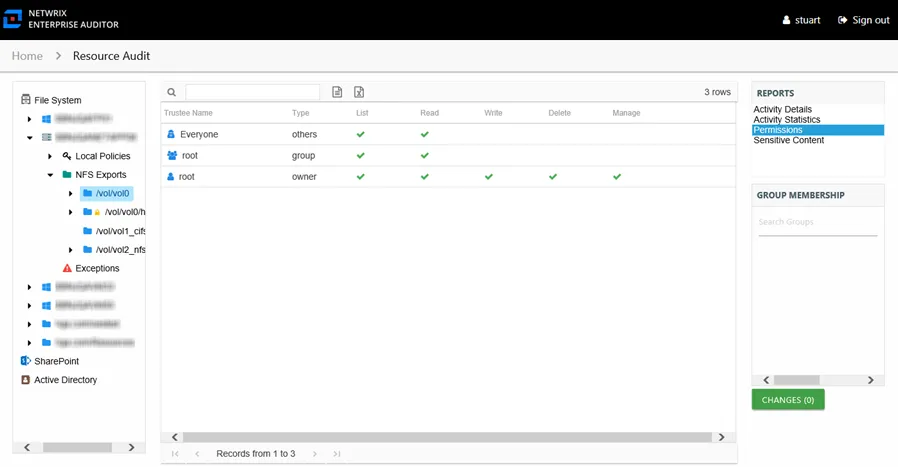 Permissions report at the NFS Exports share and subfolder levels