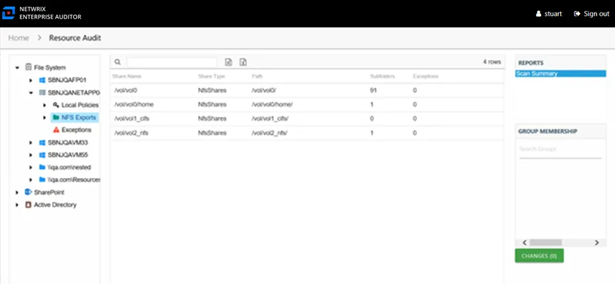 Scan Summary report at the NFS Exports node