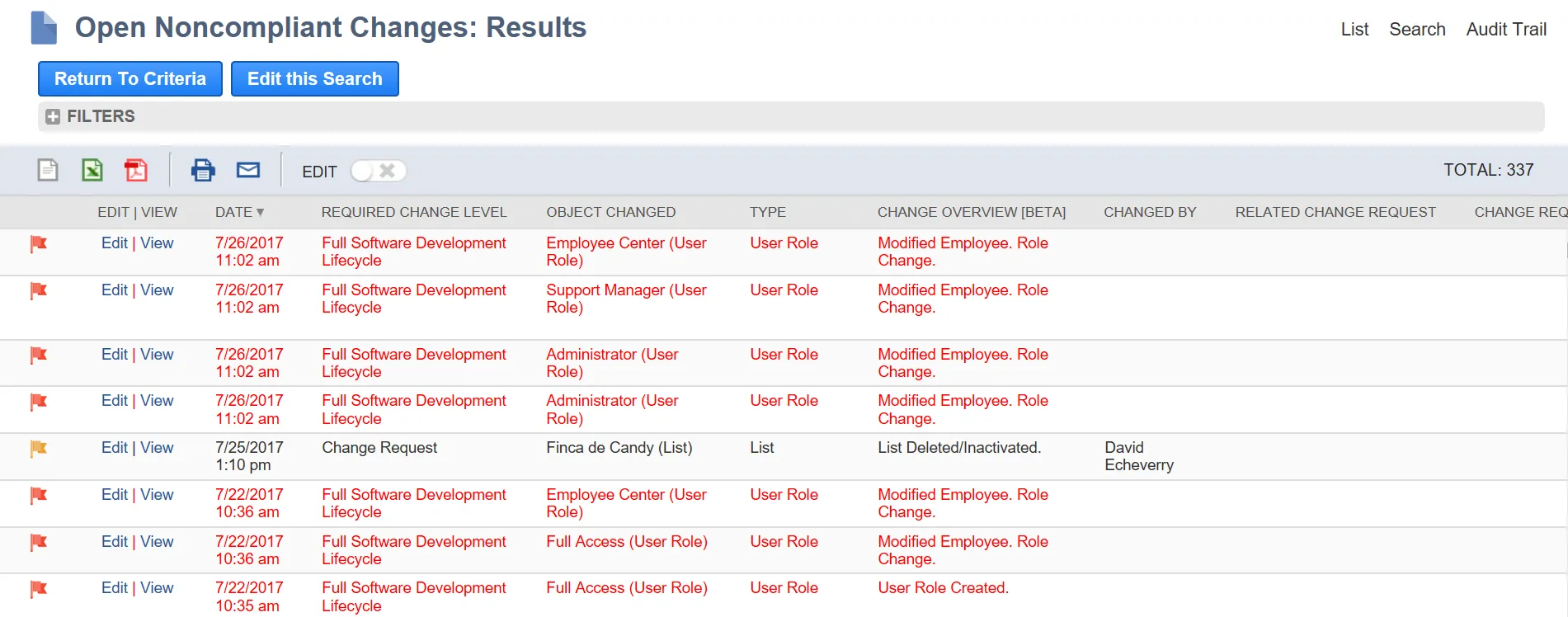 Non-Compliant Change Report