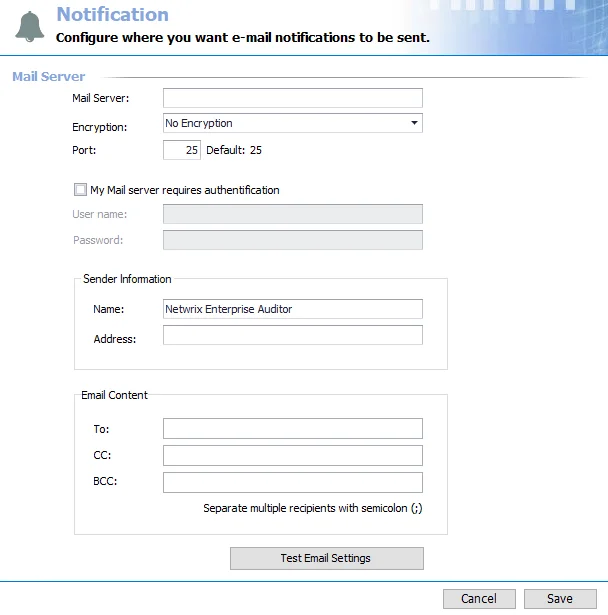 Global Settings Notification page