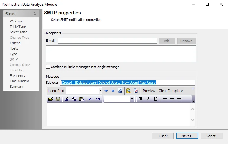 Notification Data Analysis Module SMTP properties page