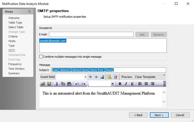 Notification Data Analysis Module wizard SMTP page