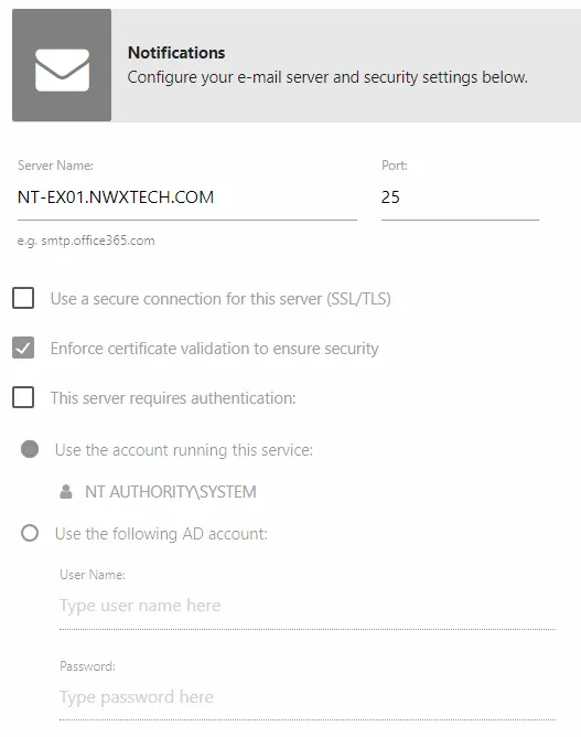 Notifications page SMTP server settings section