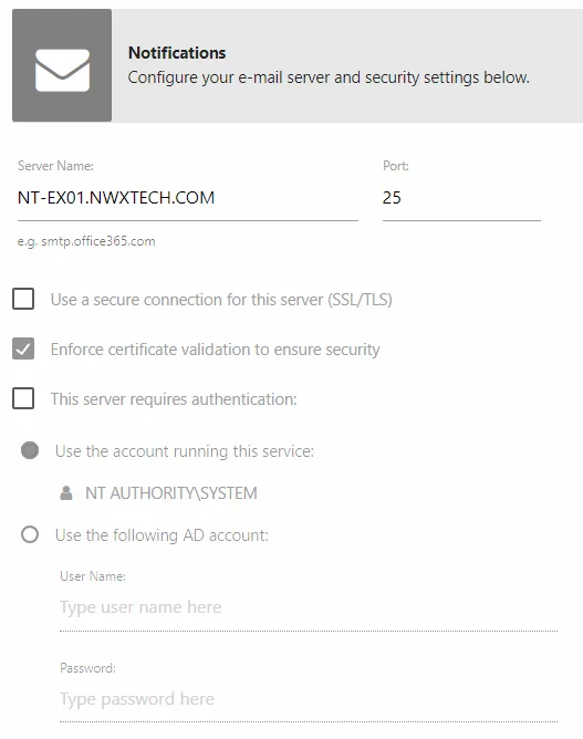 Notifications page SMTP server settings section