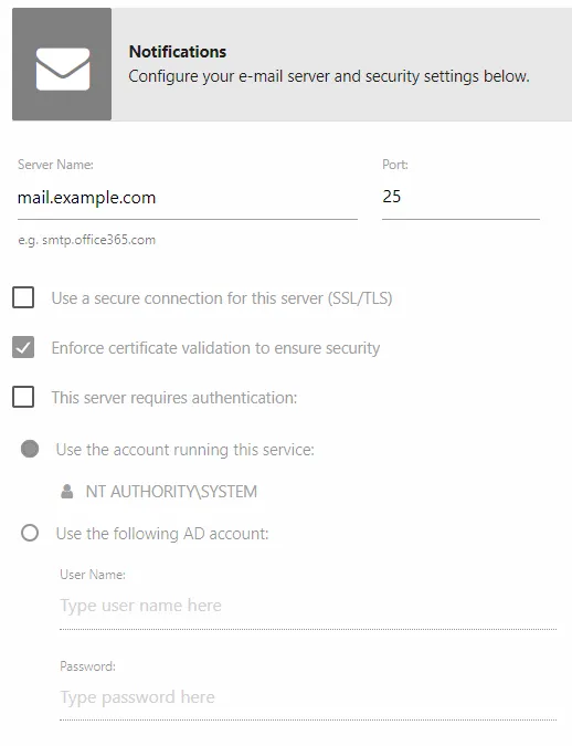 Notifications page SMTP server settings section