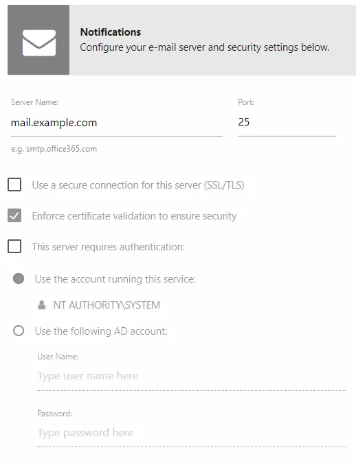 Notifications page SMTP server settings section