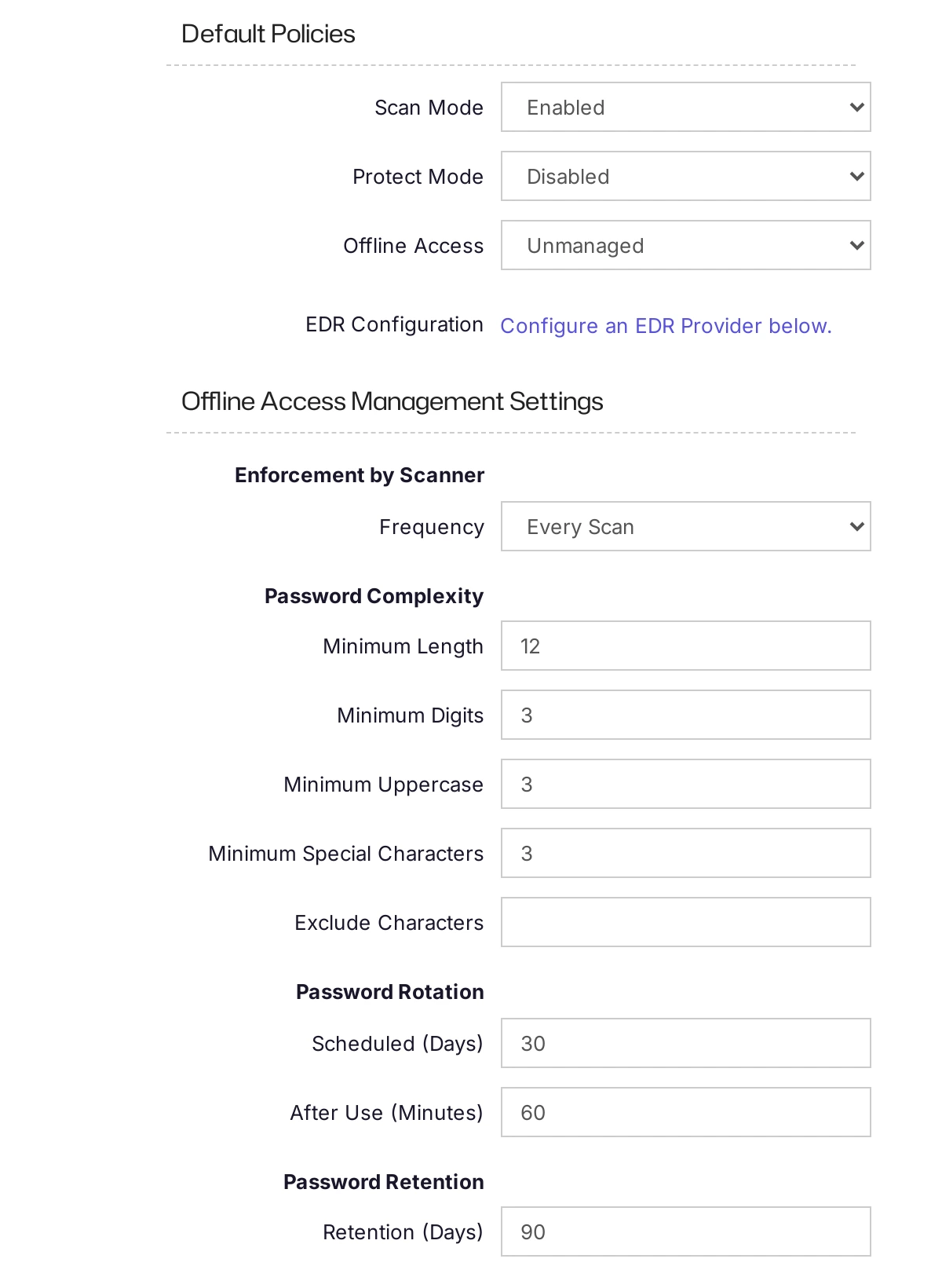 The Offline Access Management Settings of a domain with the default values
