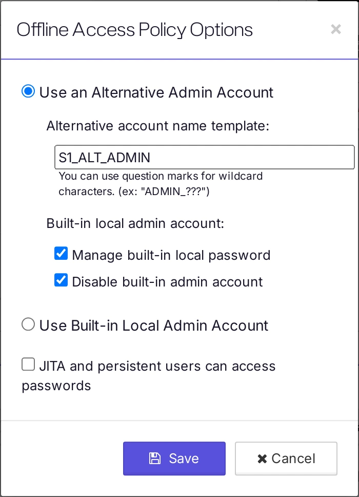 The Offline Access Policy Options dialog with the alternate administrator account selected