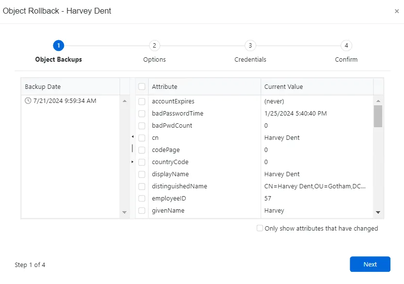 Object Restore wizard - Object Backups page