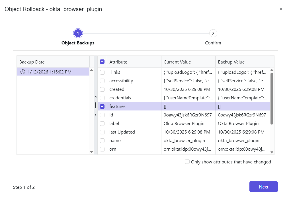 Object Rollback wizard - Object Backup page