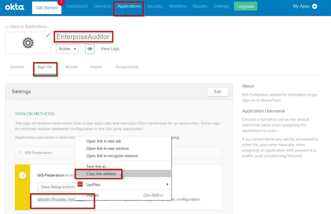 Okta Application copy link address