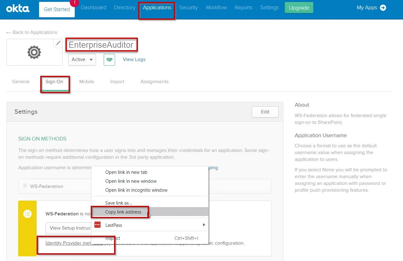 Okta Application copy link address