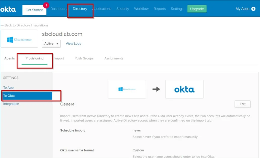 To Okta option under the Directory Provisioning Tab